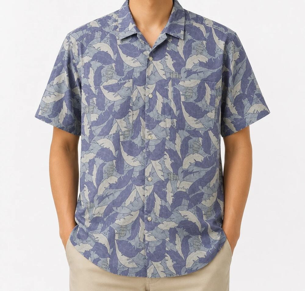 Robert Stock Shirt Mens Large Blue Gray Hawaiian Leaf Print Regular Fit